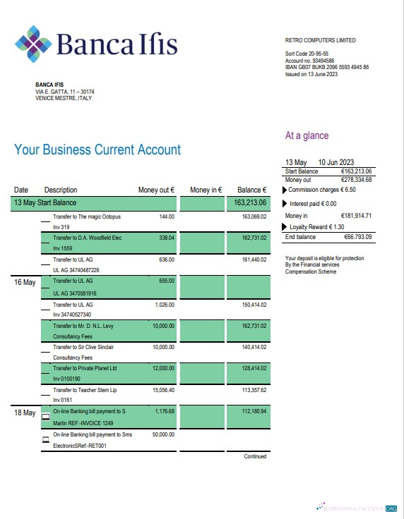 Download Banca IFIS business checking account statement Word and PDF template Photoshop template